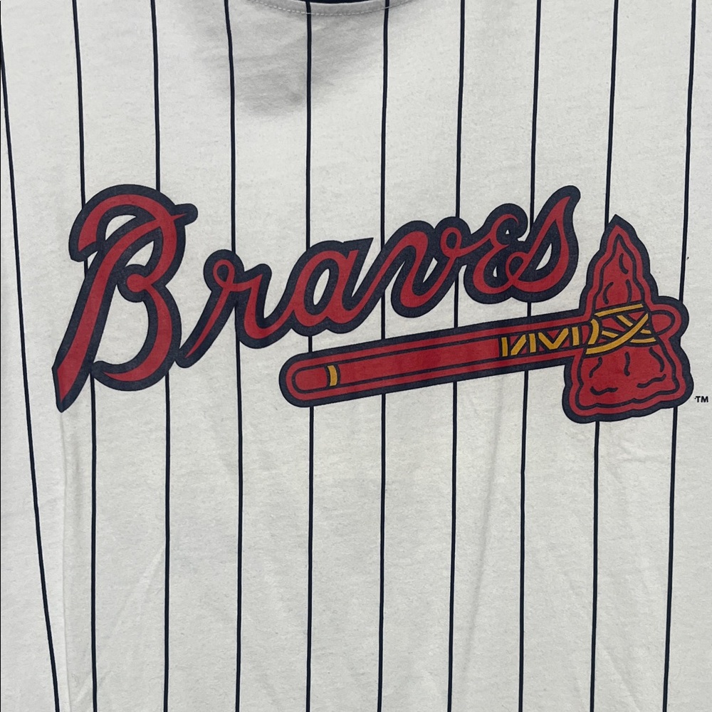 Braves Women's Size Large Short Sleeve Pinstripe Blue & White Tee - Picture 3 of 5